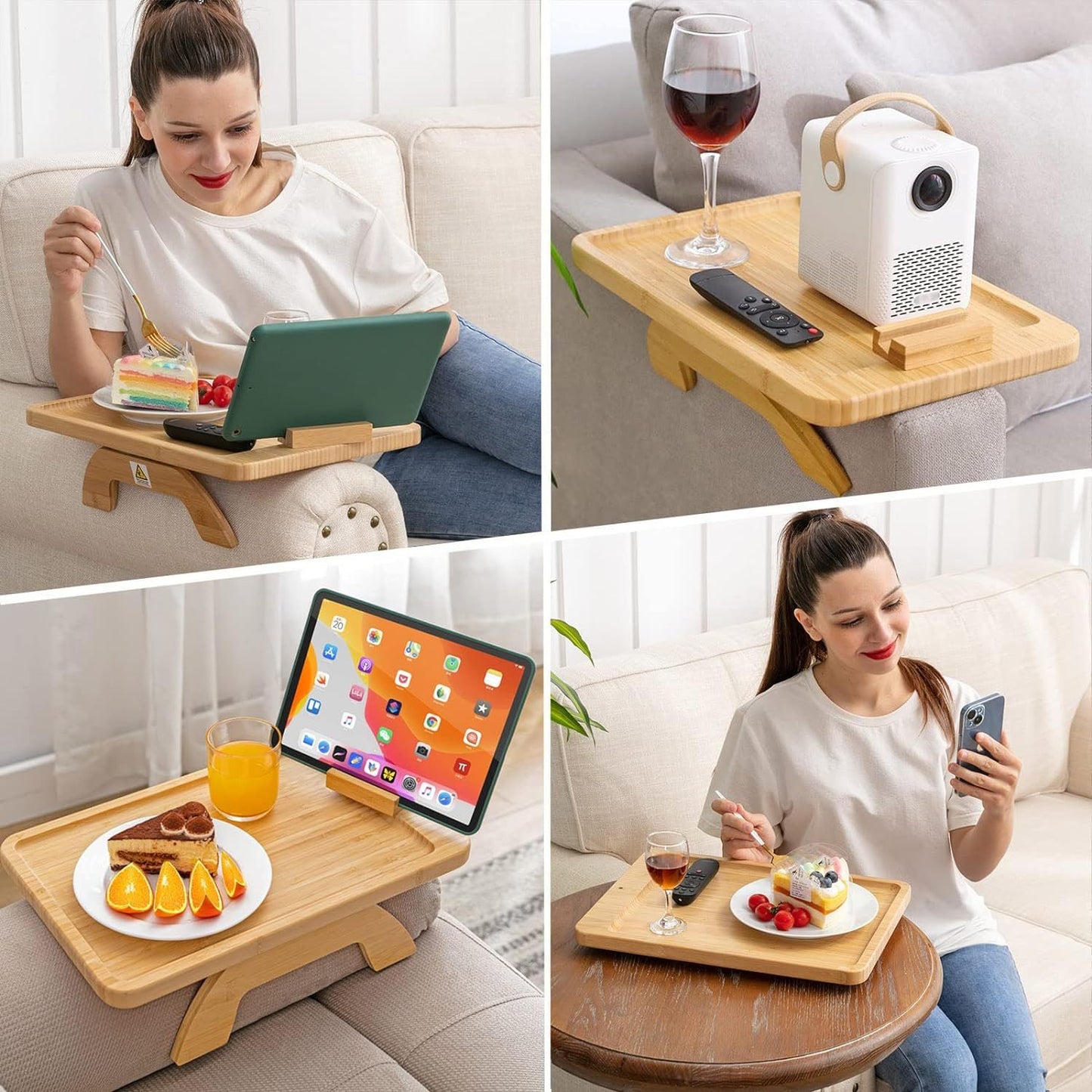 Bamboo Sofa Clip on Side Table for Wide Couches Arm, Foldable Couch Tray with 360° Rotating Phone Holder, Armrest Table for Eating/Drinks/Snacks/Remote/Control