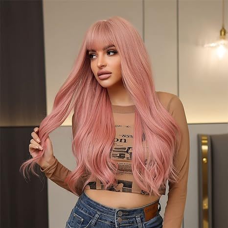 Long Pink Wig Synthetic Heat Resistant Nature Curly Wavy Wigs With Hair Bangs For Party Daily Cosplay