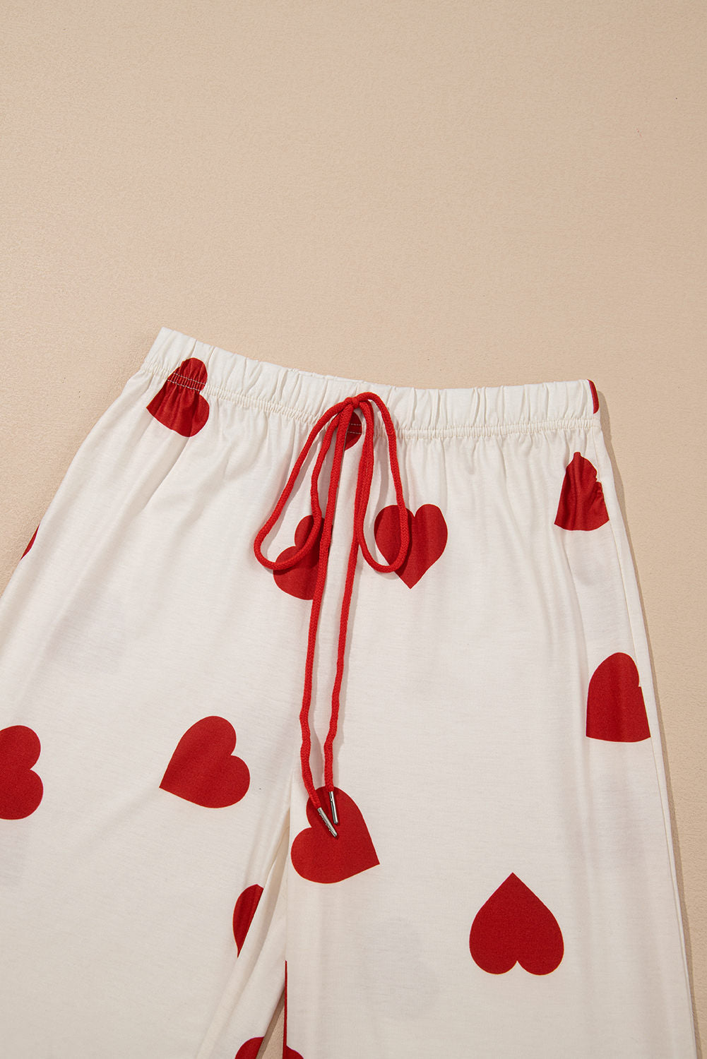 White Valentines Heart Print Lace Hem Tee Pants Pajama Set