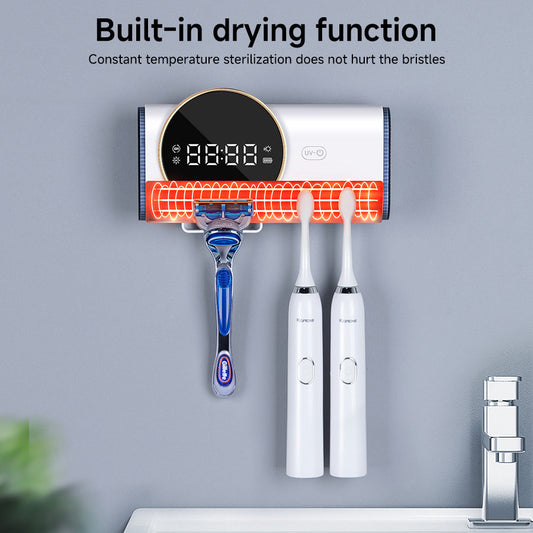 UV Toothbrush Sanitizer Wall Mounted Holder/Sterilization and Fan Drying Function Rechargeable Cordless Bathroom No Drilling Tooth Brush Cleaner Sterilizer Easy to Clean Razor and Toothbrush